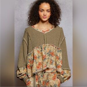 POL Khaki Floral Patchwork Sweatshirt NWOT